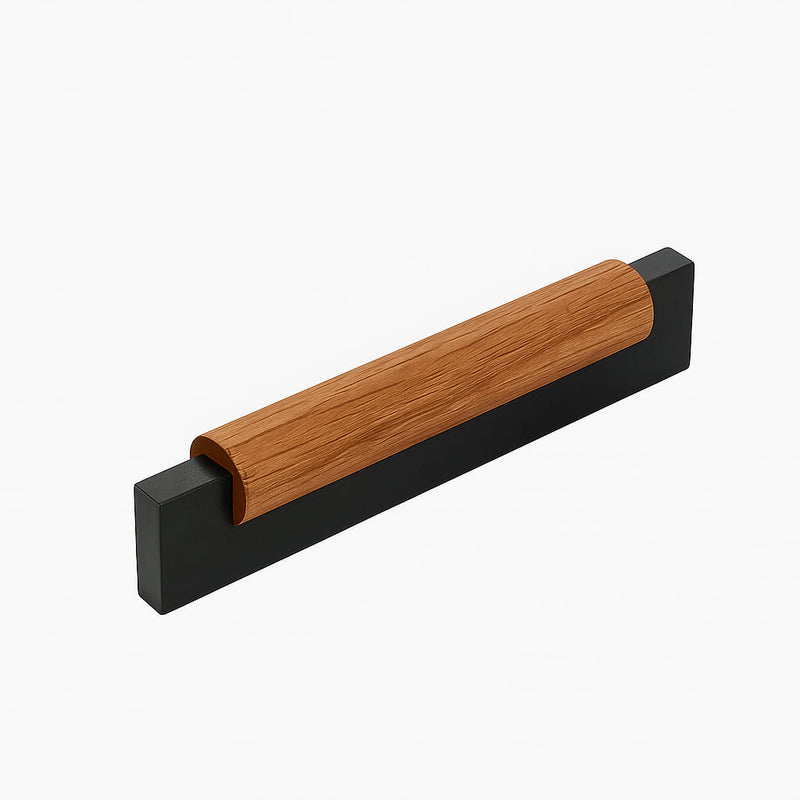 Poignée de cuisine 118mm métal noir mat et bois, finition contemporaine sur mesure
