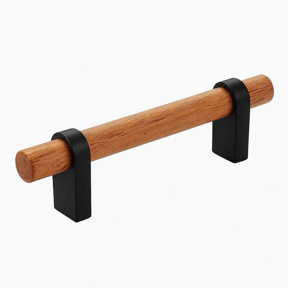 Poignée de meuble cuisine 149mm métal noir mat et bois, finition contemporaine