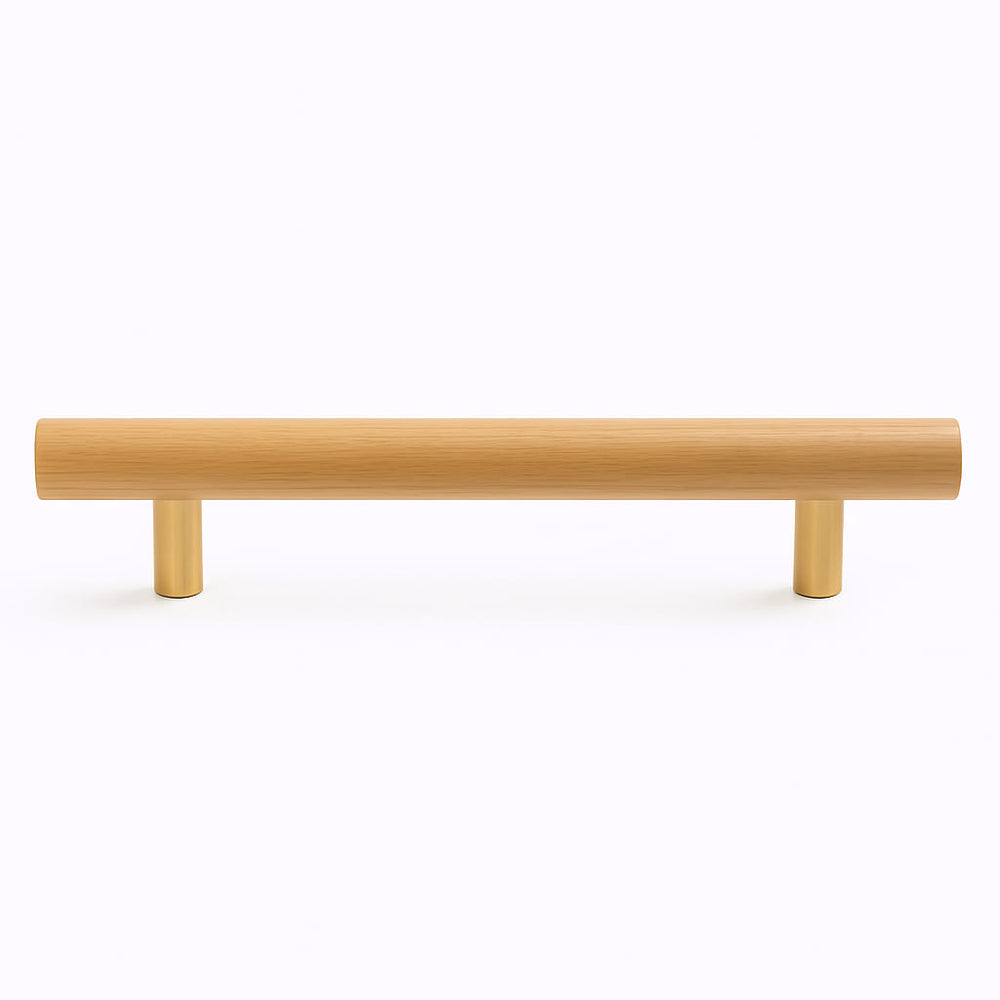 Poignée de cuisine 178mm bois clair et métal doré, finition contemporaine sur mesure