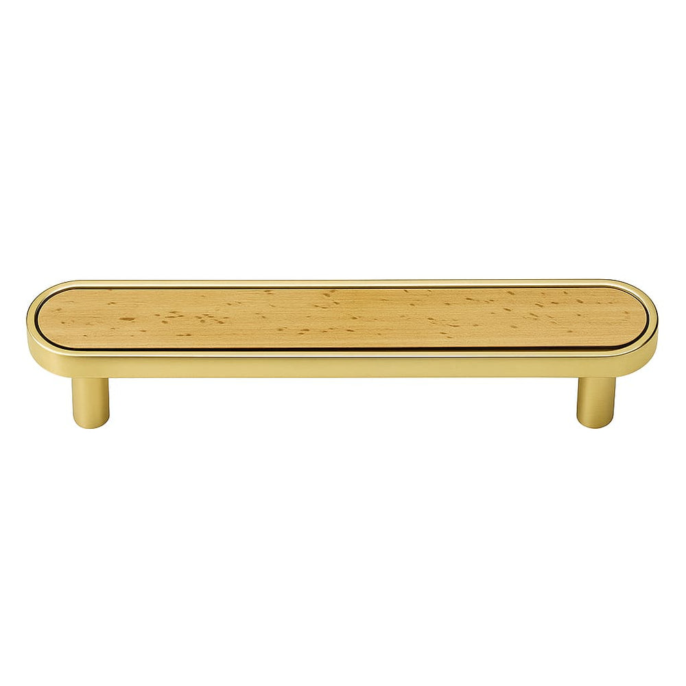 Poignée de meuble cuisine 150mm métal doré et bois, finition bicolore contemporaine
