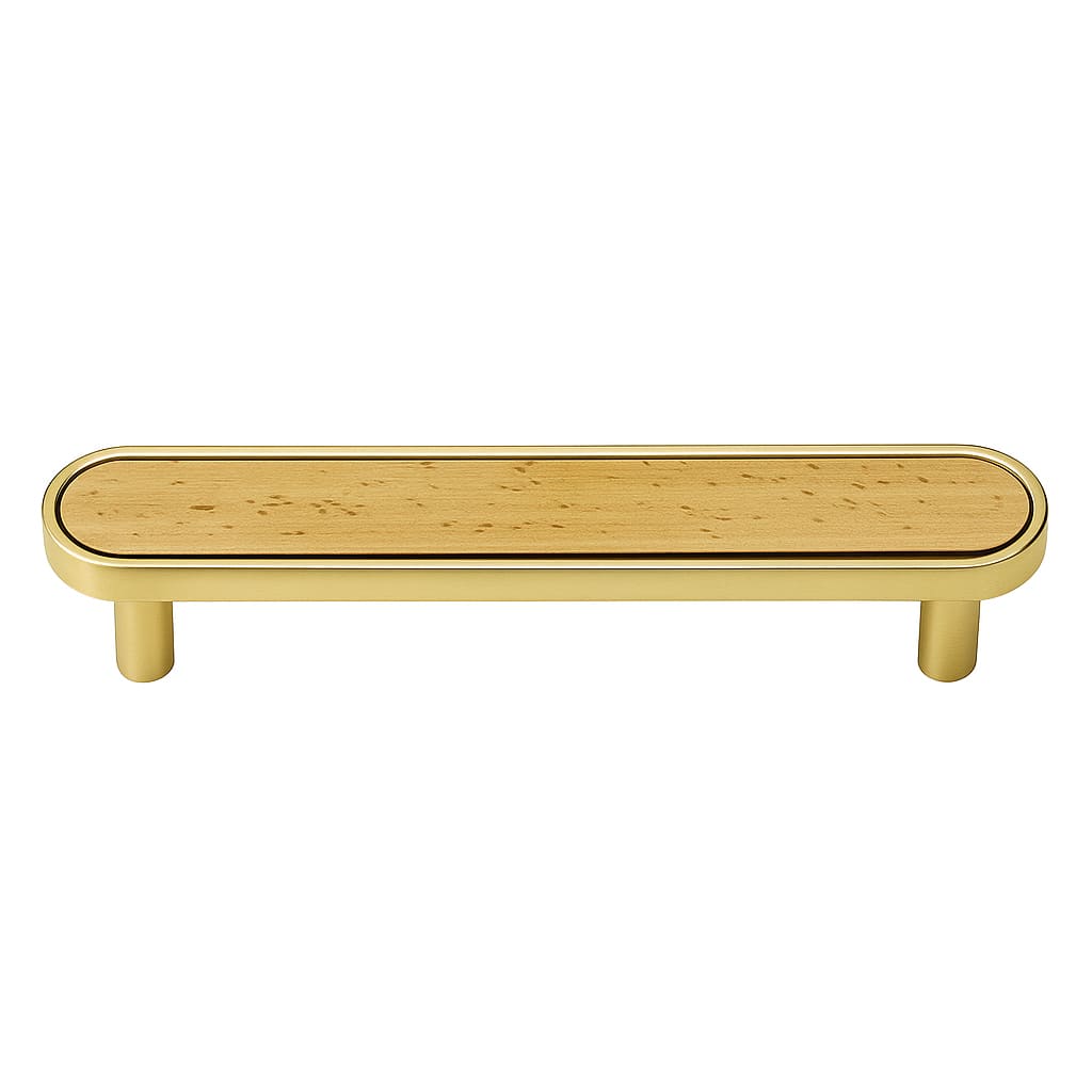 Poignée de meuble cuisine 150mm métal doré et bois, finition bicolore contemporaine