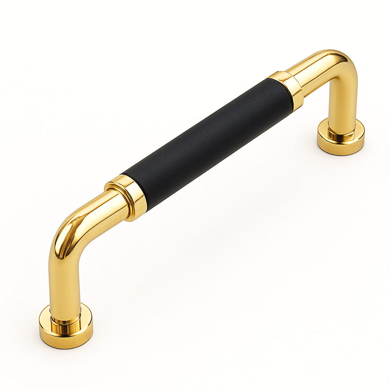 Poignée de cuisine 140mm métal doré avec insert cuir noir, finition haut de gamme