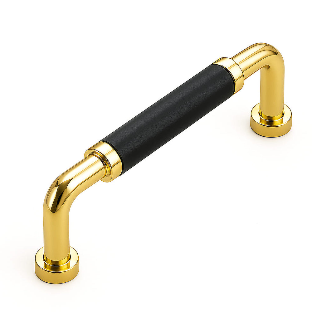 Poignée de meuble cuisine 108mm métal doré avec insert cuir noir, finition luxe