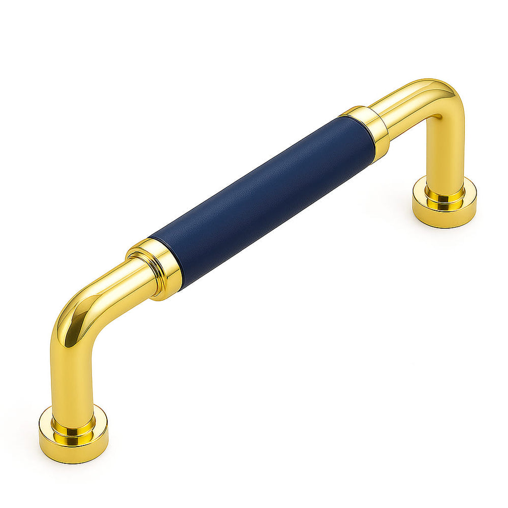 Poignée de meuble cuisine 140mm en métal doré avec insert cuir bleu