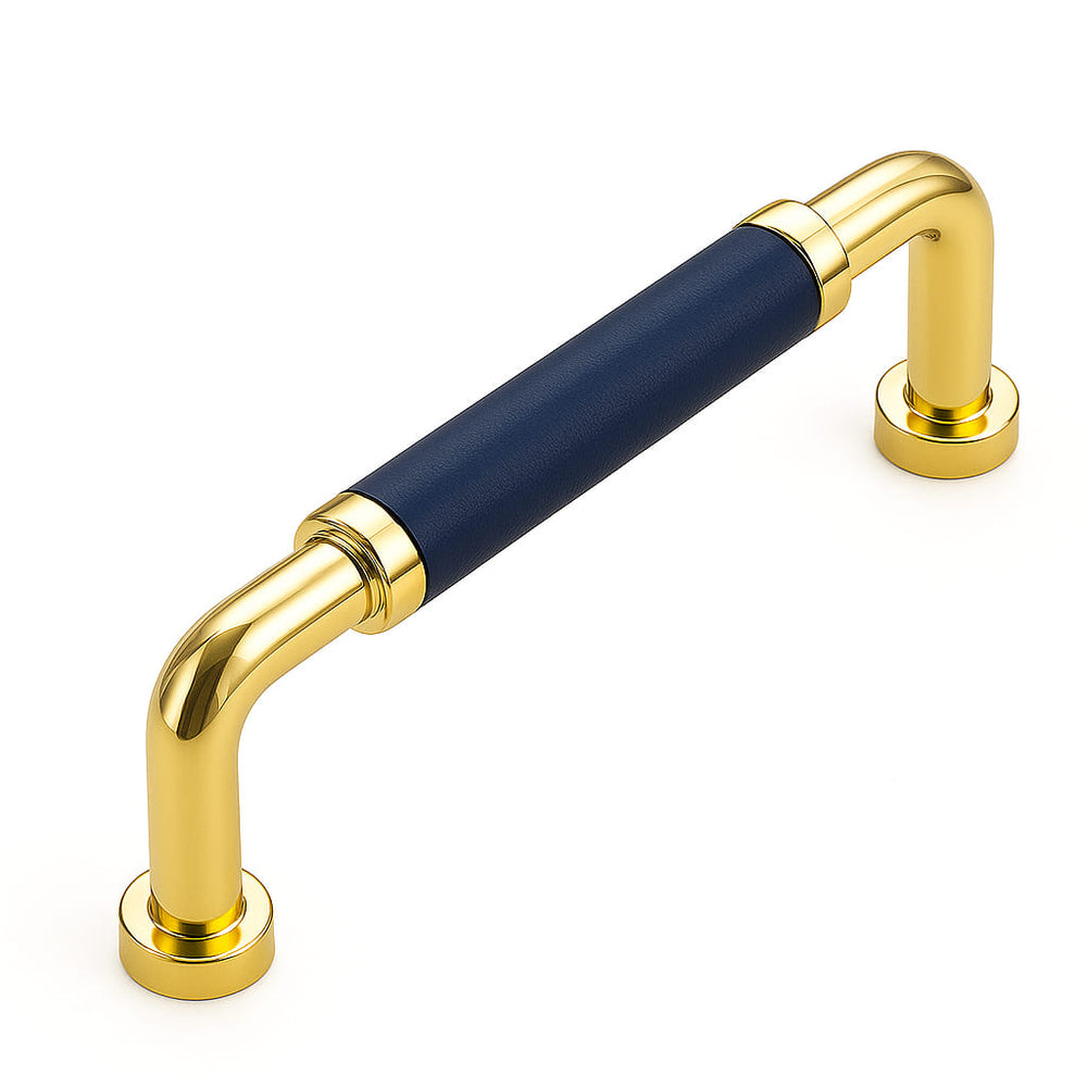 Poignée de meuble cuisine 108mm métal doré avec insert cuir bleu, finition premium