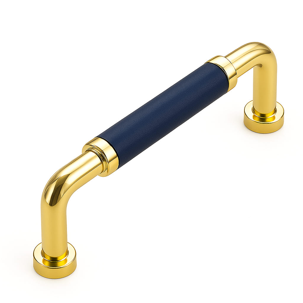 Poignée de meuble cuisine 108mm métal doré avec insert cuir bleu, finition premium