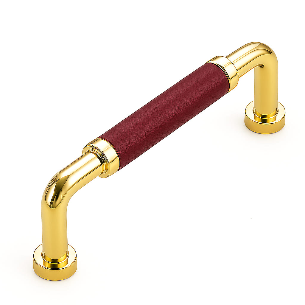 Poignée de meuble cuisine 108mm métal doré avec insert cuir taupe, finition luxe
