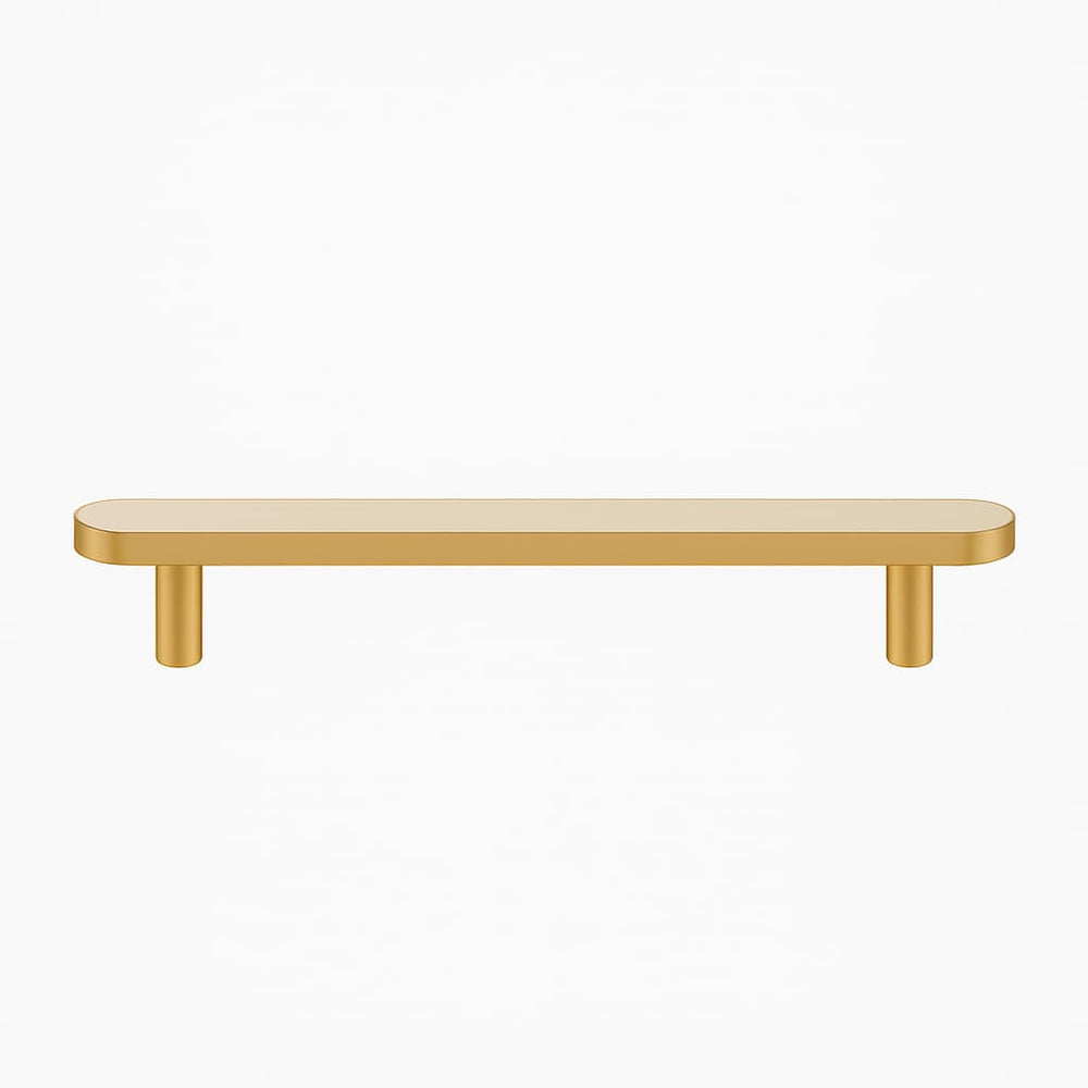 Poignée de cuisine 162mm en laiton doré mat et cuir beige, fabrication française sur mesure