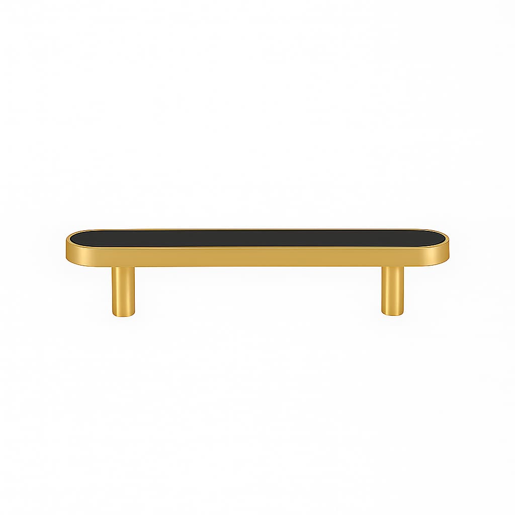Poignée de meuble cuisine 130mm laiton doré mat et cuir noir, finition premium
