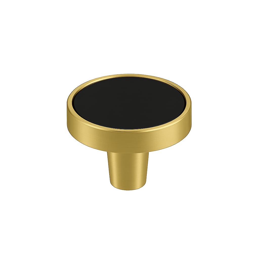 Poignée bouton 32mm laiton doré mat et cuir noir pour meuble de cuisine