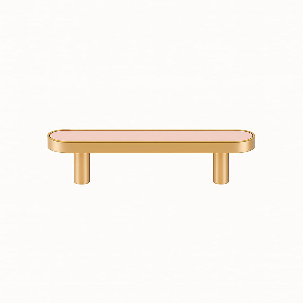 Poignée de cuisine 130mm laiton doré mat et cuir nude, finition sur mesure