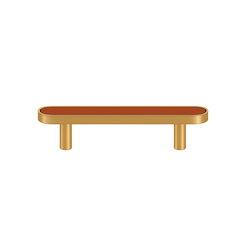 Poignée de cuisine 130mm laiton doré mat et cuir terracotta, finition sur mesure