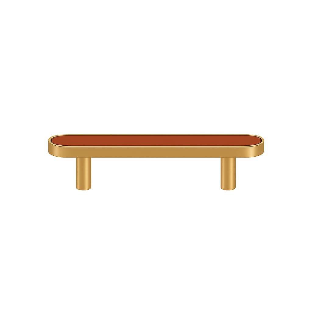 Poignée de cuisine 130mm laiton doré mat et cuir terracotta, finition sur mesure
