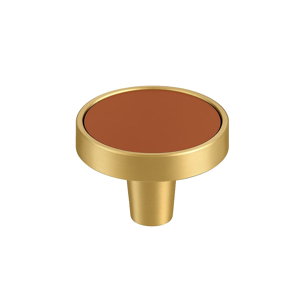 Poignée bouton 32mm laiton doré mat et cuir terracotta pour meuble de cuisine