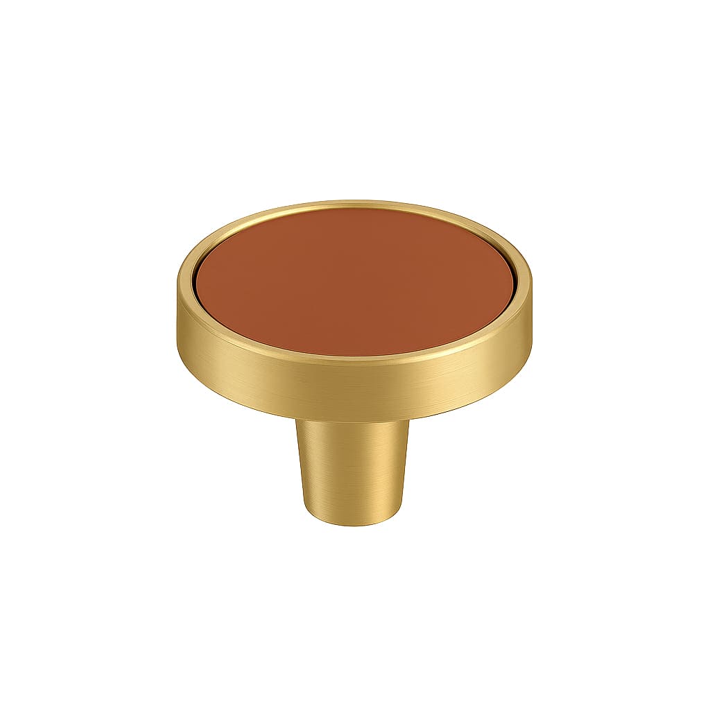 Poignée bouton 32mm laiton doré mat et cuir terracotta pour meuble de cuisine