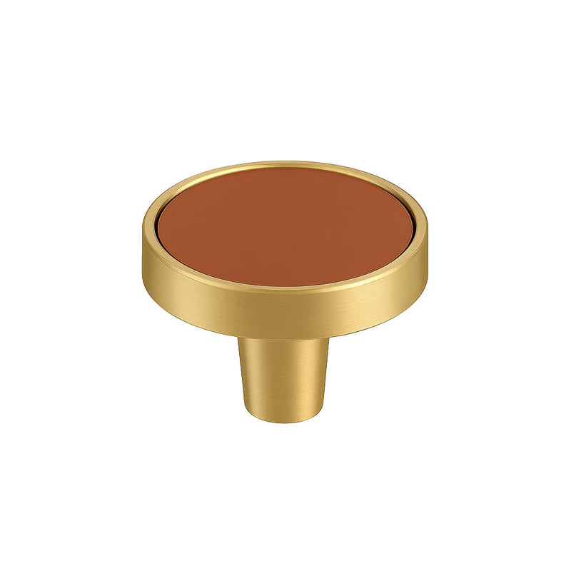 Poignée bouton 32mm laiton doré mat et cuir terracotta pour meuble de cuisine
