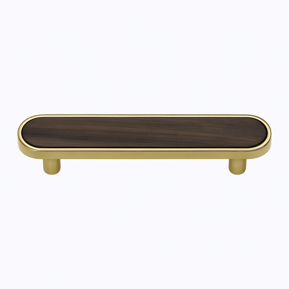 Poignée de meuble cuisine 150mm métal doré et bois foncé, finition bimatière