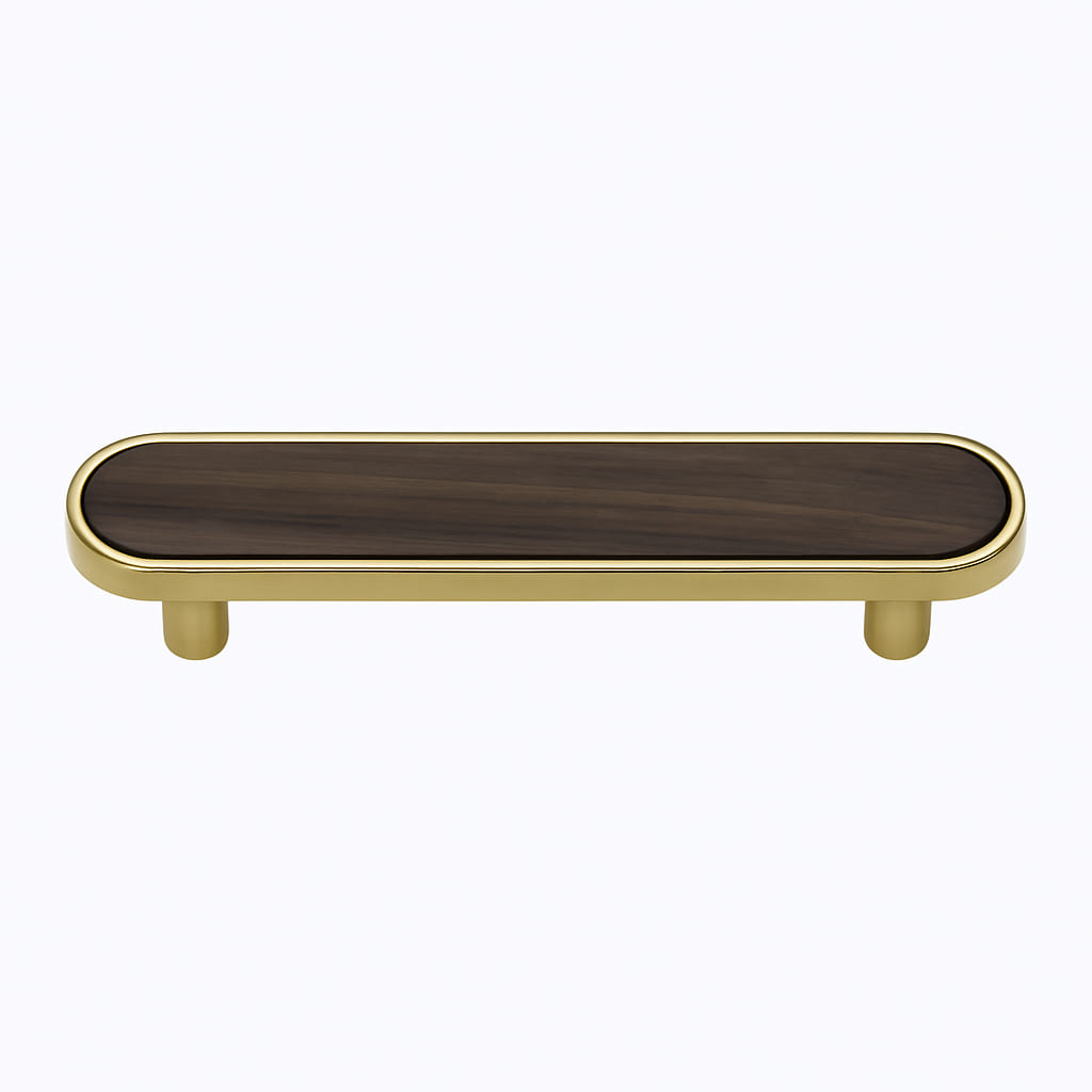 Poignée de meuble cuisine 150mm métal doré et bois foncé, finition bimatière