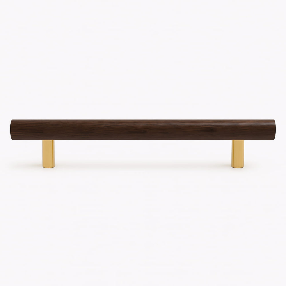 Poignée de meuble cuisine 223mm bois foncé et métal doré, finition bimatière