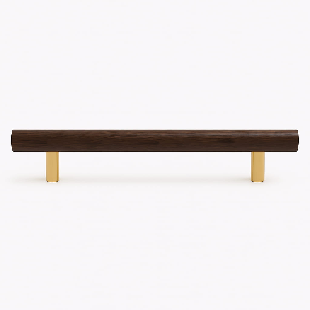 Poignée de meuble cuisine 223mm bois foncé et métal doré, finition bimatière