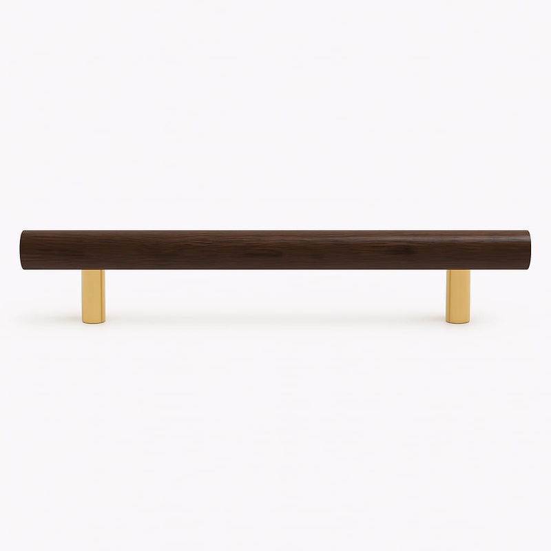 Poignée de meuble cuisine 223mm bois foncé et métal doré, finition bimatière