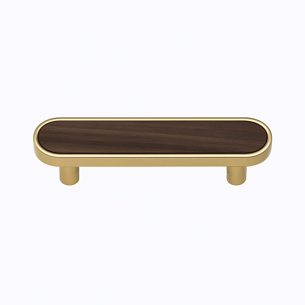 Poignée de meuble cuisine 117mm métal doré et bois foncé, finition bimatière