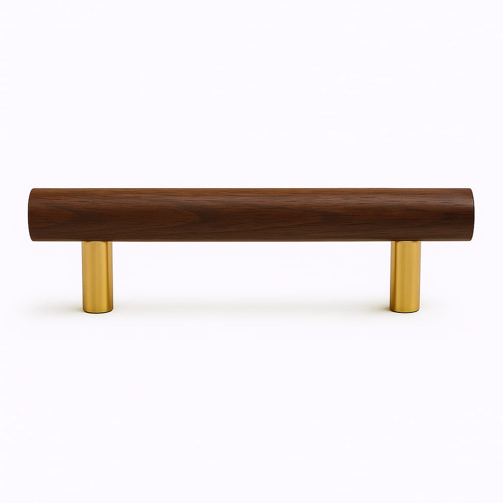 Poignée de meuble cuisine 140mm bois foncé et métal doré, finition contemporaine