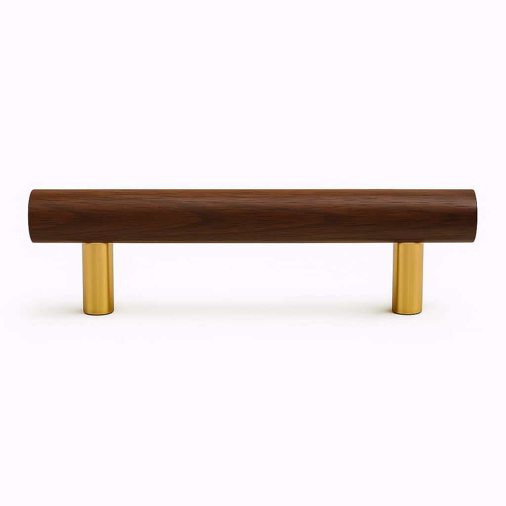 Poignée de meuble cuisine 140mm bois foncé et métal doré, finition contemporaine