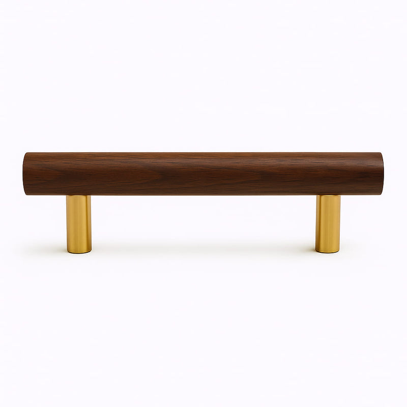 Poignée de meuble cuisine 140mm bois foncé et métal doré, finition contemporaine