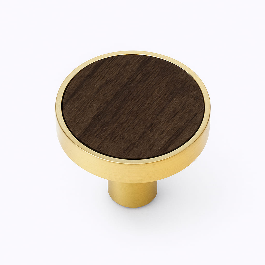 Poignée bouton 32mm métal doré et bois foncé pour meuble de cuisine sur mesure