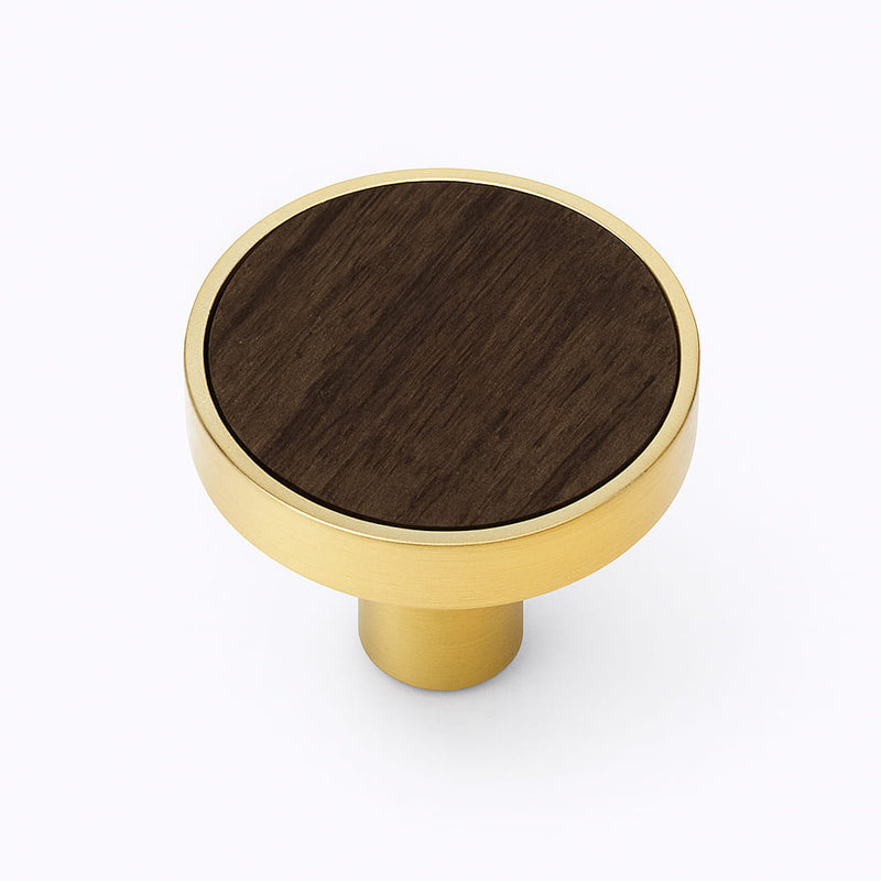 Poignée bouton 32mm métal doré et bois foncé pour meuble de cuisine sur mesure