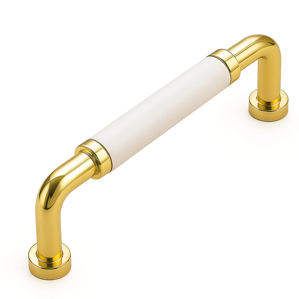 Poignée de cuisine 140mm métal doré avec insert cuir blanc, finition sur mesure