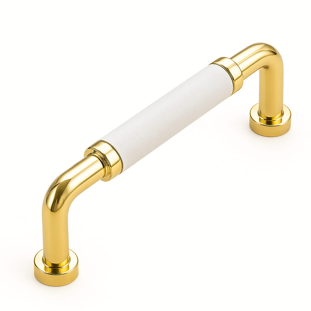 Poignée de meuble cuisine 108mm métal doré avec insert cuir blanc, finition premium