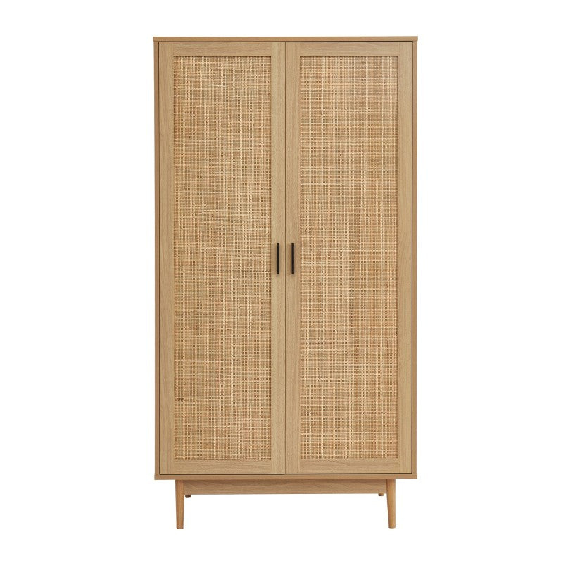 Armoire 2 portes effet chêne et cannage rotin h170cm, style naturel contemporain