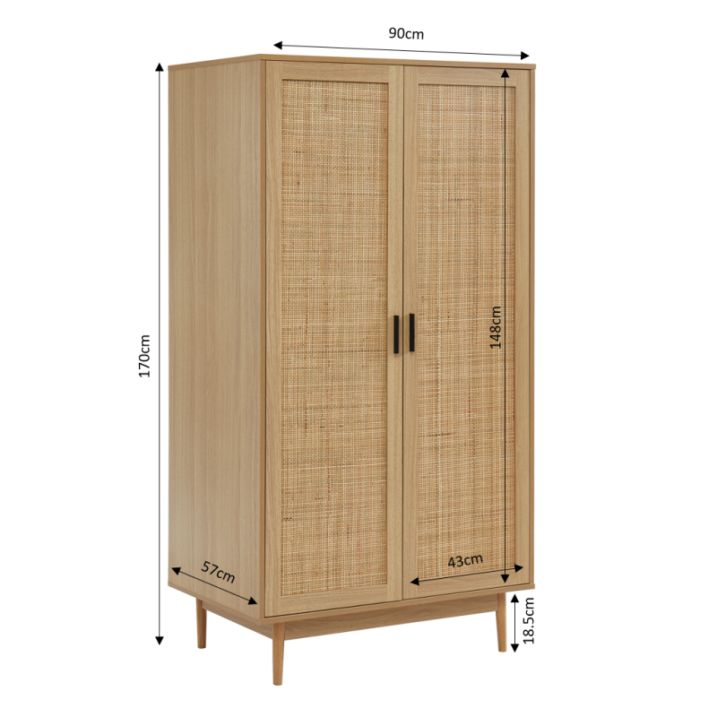 Armoire AMANA effet chêne et cannage rotin 2 portes h170cm
