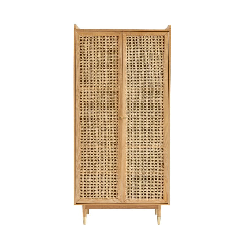 Armoire 2 portes placage chêne et cannage rotin naturel, style bohème chic