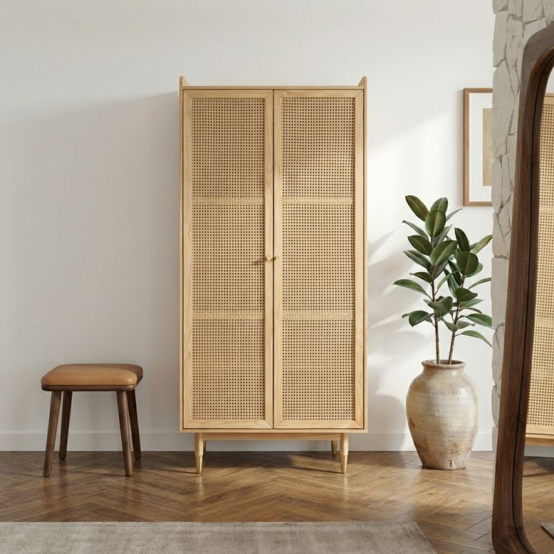 Armoire LEON placage chêne et cannage rotin 2 portes