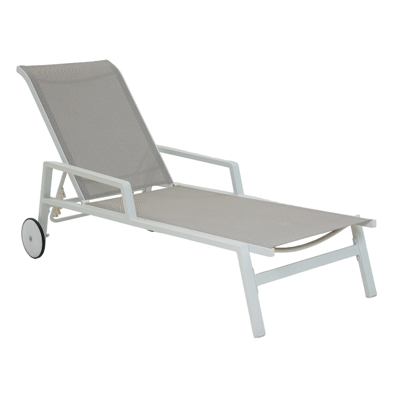 Bain de soleil aluminium blanc textilène gris, design moderne pour détente en extérieur