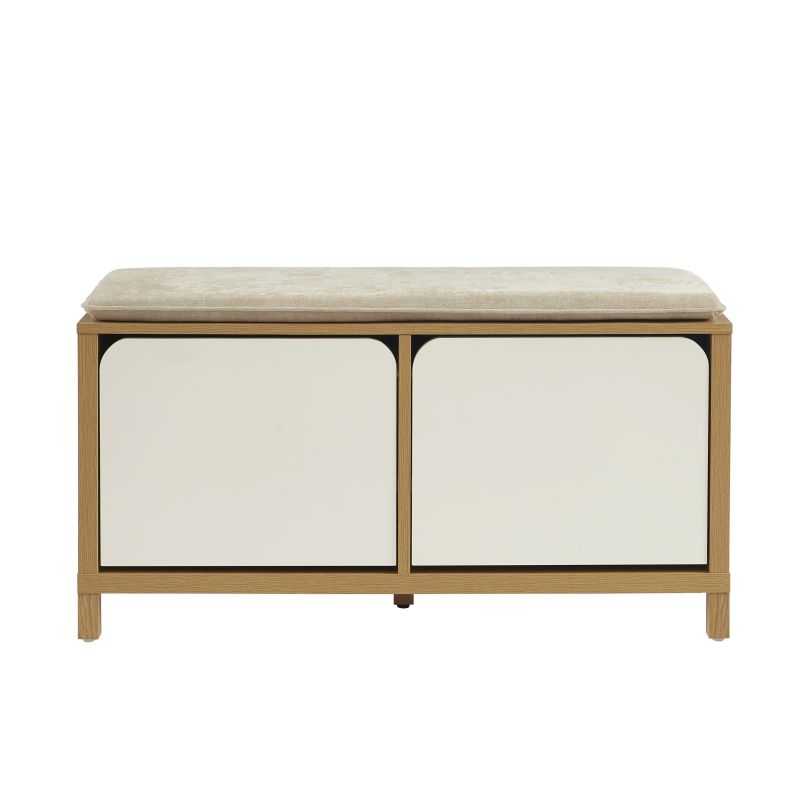 Banc à chaussures effet chêne naturel et portes blanches coins arrondis, meuble entrée moderne
