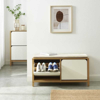 Banc à chaussures KILDA effet chêne et portes blanches