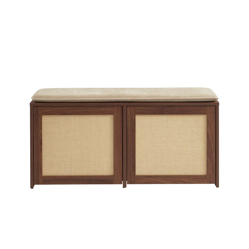 Banc à chaussures effet noyer et rotin, rangement entrée chaleureux style naturel