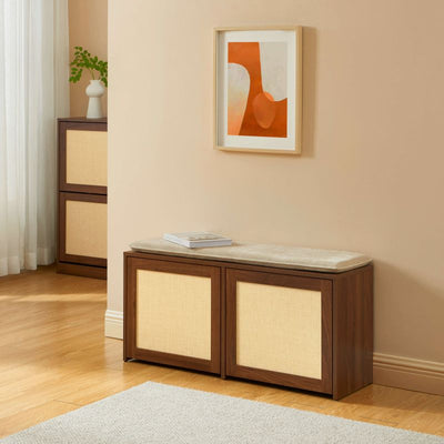Banc à chaussures HARIA effet noyer et rotin