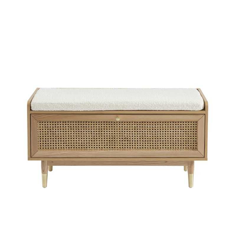 Banc à chaussures 100cm placage chêne et cannage rotin, rangement 14 paires