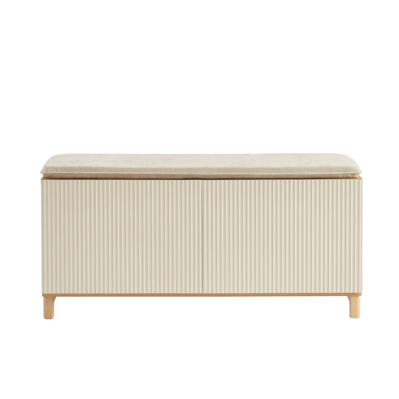 Banc à chaussures effet chêne avec portes et coussin beige, meuble d'entrée moderne