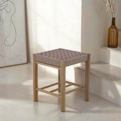 Tabouret intérieur et extérieur AVI en bois d'acacia et corde marron clair