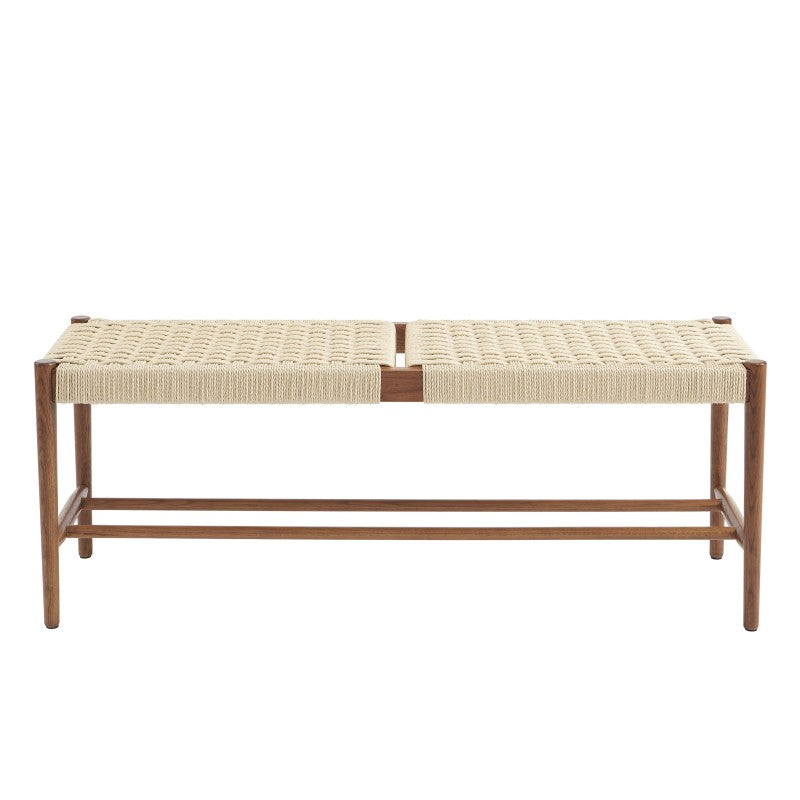 Banc en chêne massif coloris noyer avec assise en corde, style naturel intemporel