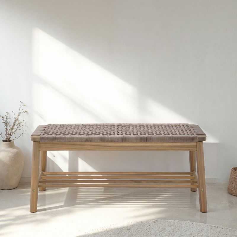 Banc intérieur et extérieur TAVAO en bois d'acacia et corde marron clair