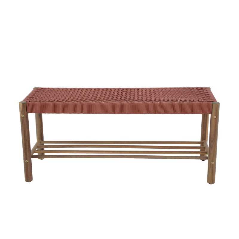 Banc intérieur extérieur bois d'acacia et corde tressée terracotta, design épuré naturel