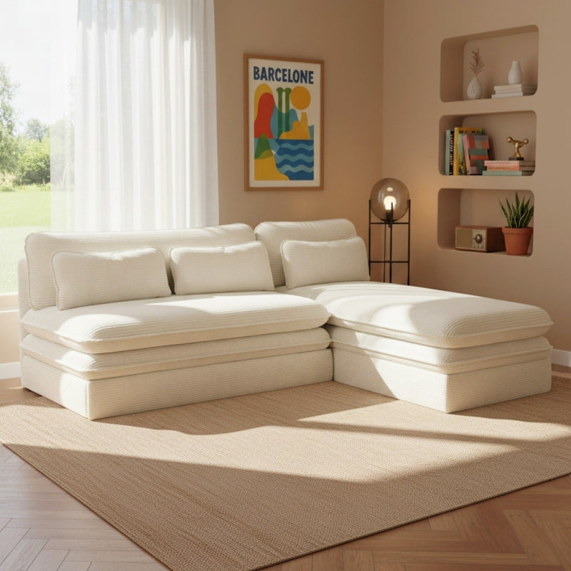 Banquette d'angle convertible et réversible NOMA 4 places velours côtelé écru