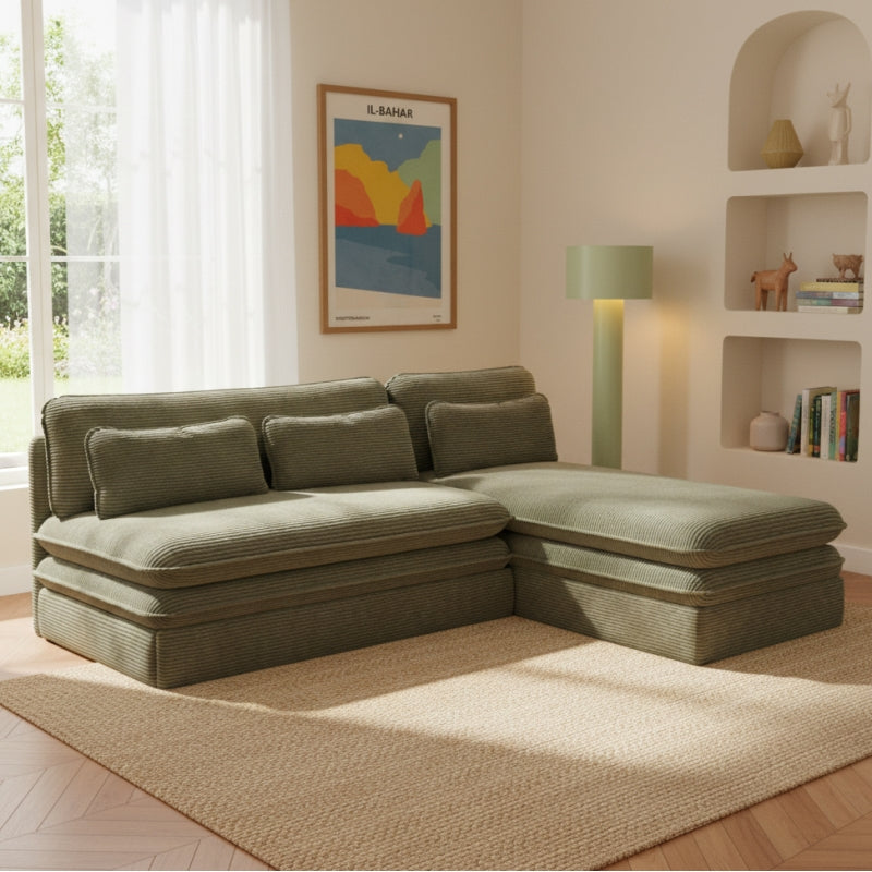 Banquette d'angle convertible et réversible NOMA 4 places velours côtelé vert